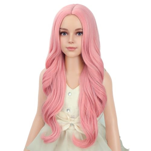 Image of PATTNIUM Kids Child Pink Wig Long Wavy Curly Pink Wig for Girls Kids Long Sythetic Wigs