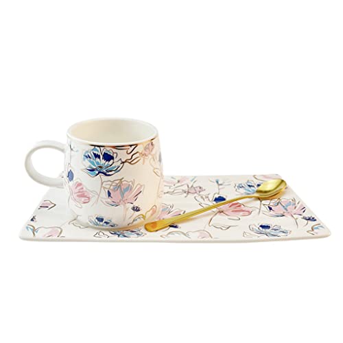 Ceramic Coffee Mug Set Tea Cup with Spoon and Tray, Retro Flower Style Tea Cups and Saucers Set, for Coffee, Hot Chocolate, Cappuccino, and Latte Breakfast (Pink Flower 1)