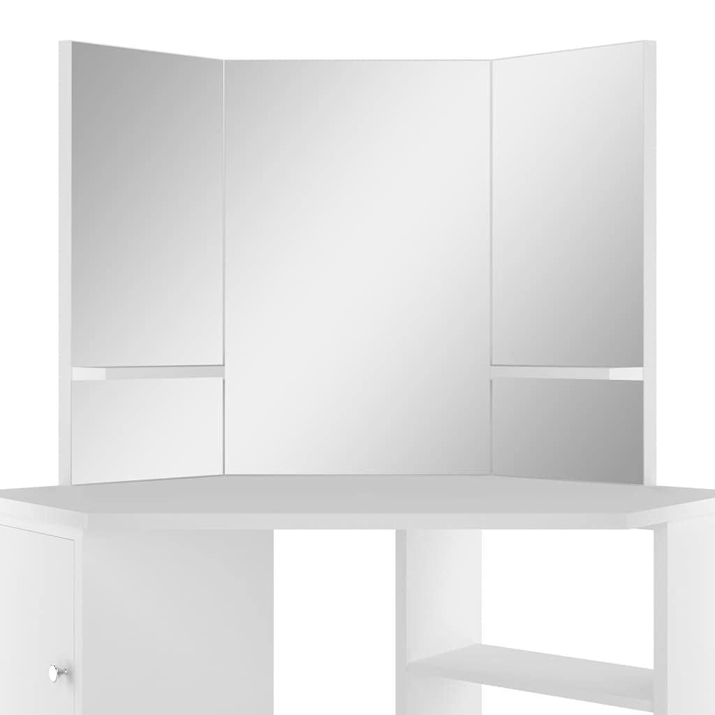 Tocador esquinero blanco de MDF con espejo de 3 piezas, espacio de almacenamiento y estante, mesa de maquillaje compacta para dormitorio, habitación de niña y baño