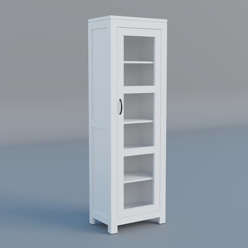 Image of Solid Sheesham Wood Deco White Book Shelf, Showcase Glass Door Crockery Storage Unit Or Bookcase, 6-Shelf Wooden Book Rack, Display Cabinet Furniture for Home, Kitchen & Library Areas