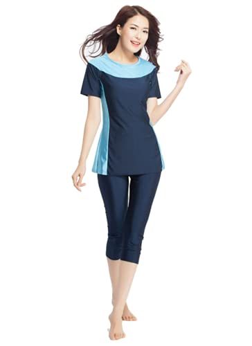 YEESAM Modest Swimsuits for Women Rash Guard 2 Piece with Skirt Muslim Burkini (Navy Blue, Asia M (Height: 155-160cm))