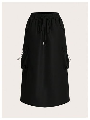 Women's Drawstring Cargo Skirt Elastic High Waist Midi Skirts with Pockets3