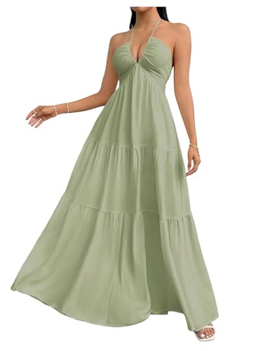Image of SHENHE Women's Deep V Neck Tie Knot Backless Halter Dress A Line Flowy Ruffle Maxi Dress