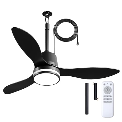Amico 42 Inch Outdoor Ceiling Fans with Lights for Patios, IP65 Waterproof Gazebo Fan Remote Control,3CCT, 6 Speeds, Hook Hanging Plug in Ceiling Fan for Patio Porch Pergola Garage Canopy (Black)