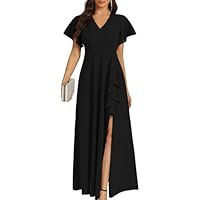 COOAN Frauen Schwarz Lang Formelle Kleider Cocktail Hochzeit Gastkleider Rüschen Teilung Elegant V Hals Party Kleider