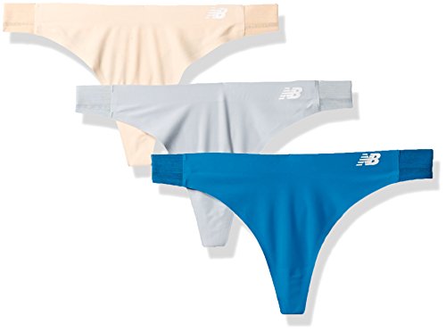 New Balance Women's Hybrid Soft Jersey mesh Panels Thong Underwear (Pack of 3), Nude/Mink/Deep Ozone Blue, X-Large (16)