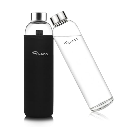 RYACO Glass Water Bottle 750ml/25oz,Borosilicate Glass Bottle with Neoprene Protective Case for Hot Cold Drinks,BPA-Free Leak Proof,Sport Water Bottles with Sponge Brush,Dishwasher Safe