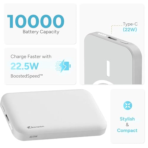 Image of Karwan 10000Mah Wireless Power Bank,20W QC+PD Fast Charging Powerbank,Strong Magnetic MagEaze,Compatible with iPhone 17 /16 /15 /14 /13 /Pro /Max Series,Android & Other Qi Enabled Device (22.5W Max) (White)