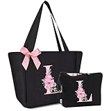 Vavabox A-Z Initial Personalized Tote Bag, Waterproof Gifts for Women, Bridesmaids, Mom, Teachers, Friends (03-Black Set, L)