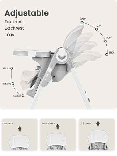 foldable high chair with soft cushion high chairs for babies and toddlers height adjustable feeding chair adjustable backrest and footrest lockable wheels star gray
