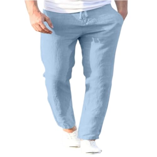 GKZA Mens Casual Cotton Linen Pants Elastic Waist Lightweight Loose Fit Summer Cotton Beach Yoga Trousers (Sky Blue,3XL) YM76