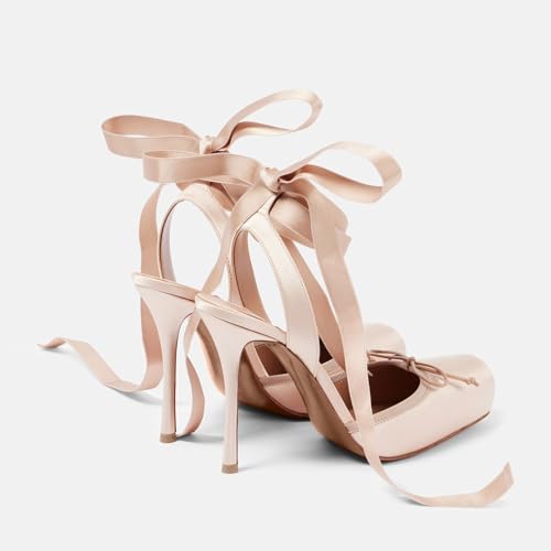 Women's Satin Ballet Slingback High Heels with Bows Closed Square Toe Lace-Up Stiletto Pumps Elegant Mary Jane Shoes for Wedding Party Pink2