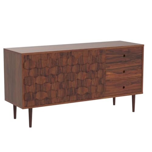 Image of Ganpati Arts Sheesham Wood Sideboard Cabinet with 2 Doors 3 Drawer Storage for Home Kitchen Office Wooden Organizer Bedroom (Natural Finish)