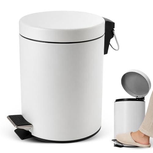 Cubo de Basura para Baño,cubo de basura de 3 Litros con tapa, Apertura pedal Higiénica sin Manos, 23.5 cm de altura, 17 cm diámetro interno del cubo, Acero inoxidable Pulido color Blanco