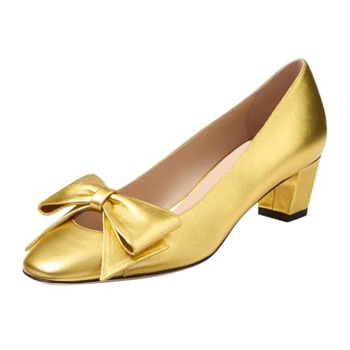 FSJ Women Cute Bow Chunky Low Heel Pumps Closed Square Toe Slip On Comfortable Block Heel Wedding Party Office Dress Shoes Size 4-16 US