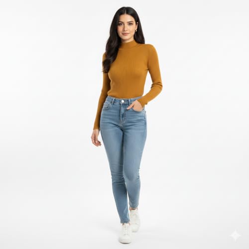 Image of Women Ribbed High Neck Full Sleeve Pullover Sweater|Solid Stretchable Slim Fit Winter Wear Top for Casual & Office Use