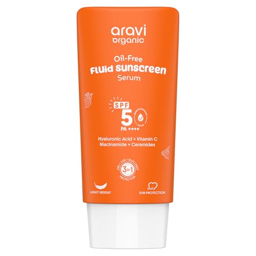 Aravi Organic Oil-Free Fluid Sunscreen Serum SPF 50++++ with Hyaluronic Acid, Vitamin C, Niacinamide & Ceramides | Lightweight, Non-Greasy, Chemical-Free | Protects from Sunburn & Tanning | 50ml