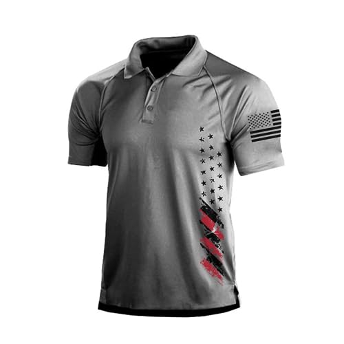 H HYFOL Short Sleeve Polo Shirts for Men Graphic Stretch Casual American Patriotic Raglan Golf Polos for Men(Grey S)