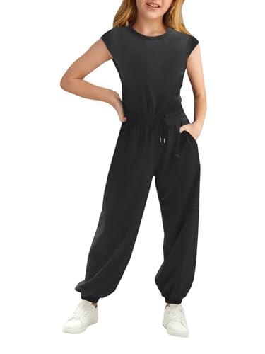 Image of Haloumoning Girls Jumpsuits Kids Fashion Crewneck Elastic Waist Long Pants Rompers with Pockets 5-14 Years