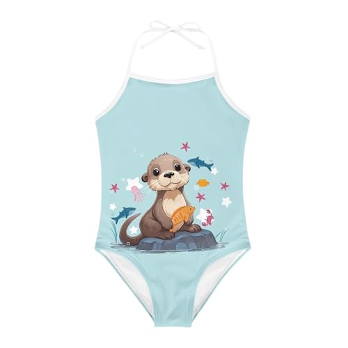Image of Cute Backless One Piece Swimsuits for Girls Adjustable Halter Strap Bathing Suit Beach Swimwear for Girls