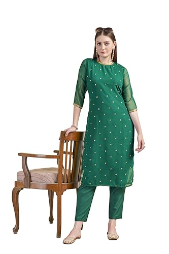 Image of Saanjh Women's Faux Georgette Embellished Printed Straight Kurta with Bottom||Kurta Set