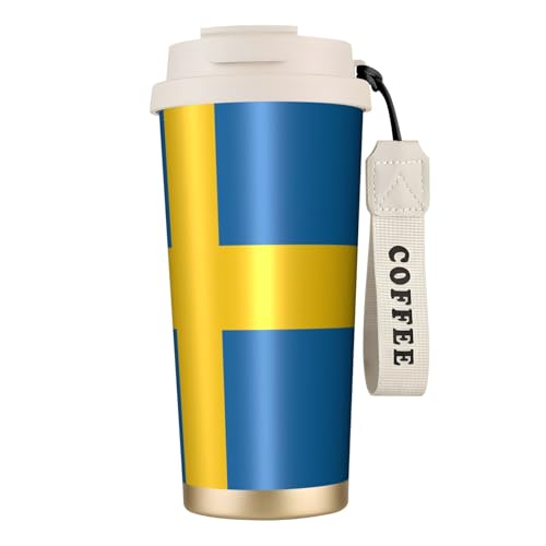 Kashinn Taza de café aislada al vacío de 18 onzas con diseño de bandera sueca con popote y tapa, taza de viaje para bebidas frías y calientes