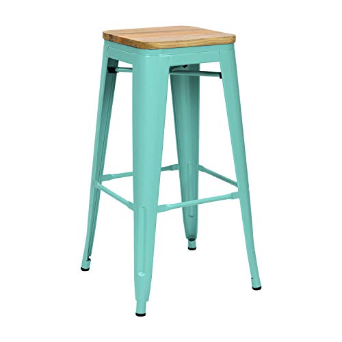 Vaukura Taburete Alto Tolix - Taburete Industrial Metálico Mate Asiento Madera (Azul)
