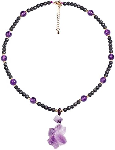 Jewever Lava Rock with Amethyst Beaded Chokers Necklaces for Women Raw Amethyst Pendant Essential Oil Diffuser Reiki Healing Crystal Necklace