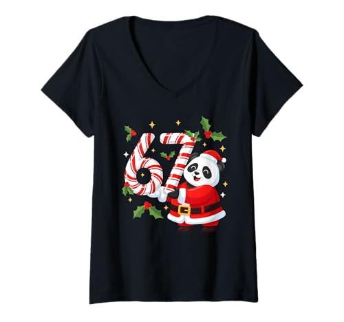 Womens Funny 67 Meme Panda Christmas PJm Men Women Family Matching V-Neck T-Shirt