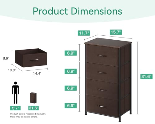 Image of AODK Dresser for Bedroom with 4 Storage Drawers, Small Dressers Chest of Drawers Fabric Dressers with Sturdy Steel Frame, Dresser for Closet with Wood Top, Brown