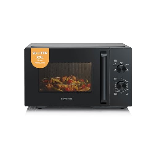 Severin Mikrowelle Solo zum Auftauen und Erhitzen XXL Innenraum 28 L Mikrowellengerät mit herausnehmbaren Glasdrehteller 5 Leistungsstufen 35-Minuten-Timer 900 W schwarz MW 7796