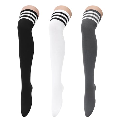 Century Star 3 Pairs Thigh High Socks for Women Over the Knee High Socks Triple Stripe Long Stockings Thigh Highs Leg Warmer