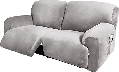 Extra Wide 75'' - 100'', Recliner 2 Seater Sofa Covers, Reclining Loveseat Cover, 6-Pc Velvet Stretch Couch Covers with Side Pocket, Thick Soft Washable (Color : Light Gray)