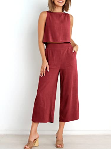 Image of ANRABESS Women's Summer 2 Piece Outfits Sleeveless Tank Crop Button Back Top Cropped Wide Leg Pants Set Pockets