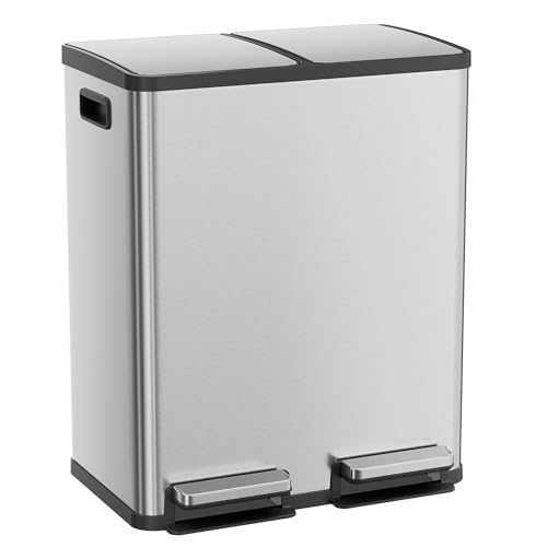 Kitchen Trash Can, 16 Gallon Dual Compartment Garbage Bin with Quiet Close Foot Pedal, Stainless Steel | Dual Waste Separation | Soft-close foot Pedal | Removable Inner Bins | Fingerprint-resistant | for Home & Garden