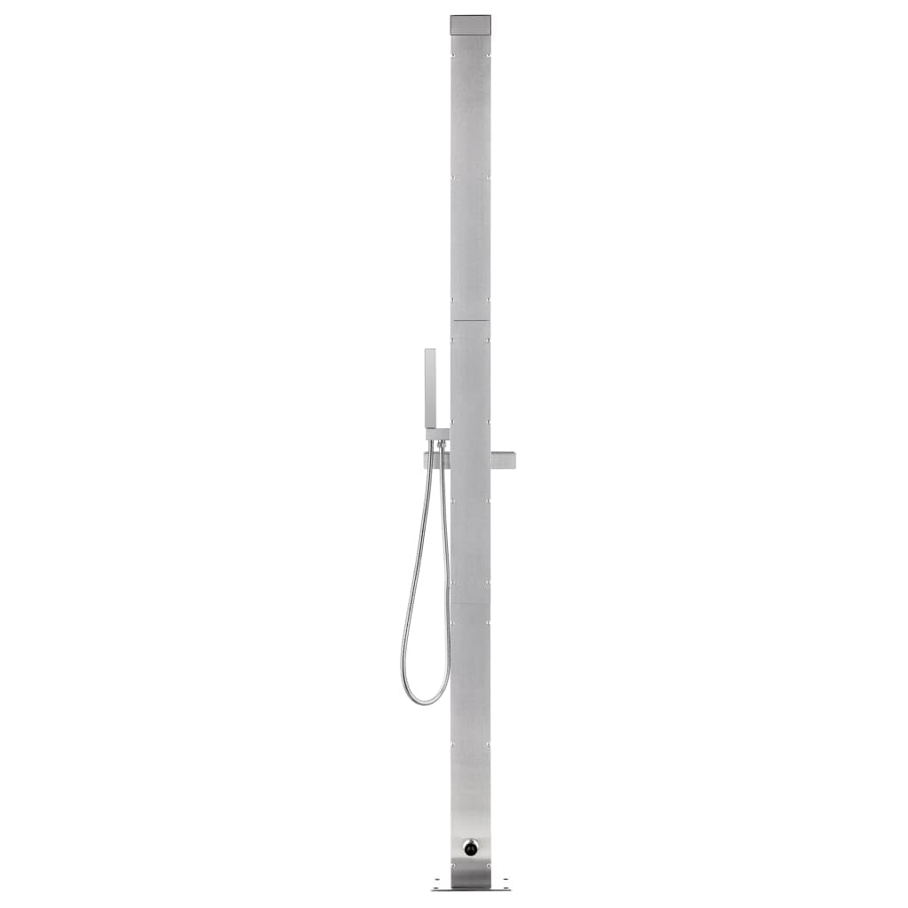 Ducha de jardín con base marrón de acero inoxidable de 225 cm de altura, placa de suelo WPC para piscina y piscina, ducha exterior con ducha de cabeza, ducha de mano y grifo de lavado de pies