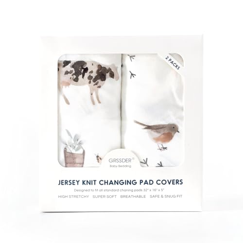 Image of GRSSDER Stretch Ultra Soft Jersey Knit Changing Pad Cover Set 2 Pack, Change Table Pad Covers Fit 32 inch /34 inch x 16 inch Pads Safe and Snug, Cute Watercolor Cows and Birds Print for Boys and Girls