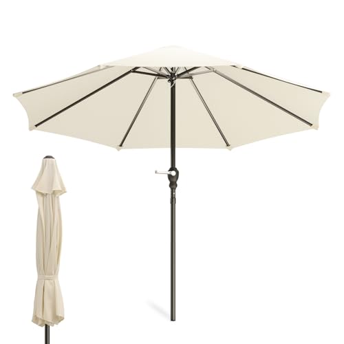 Magshion 9FT Outdoor Market Patio Umbrella, Large Waterproof Sun Umbrella with Crank Lift & 8 Steel Ribs, Sturdy Pole for Garden, Deck, Backyard & Pool (Beige)