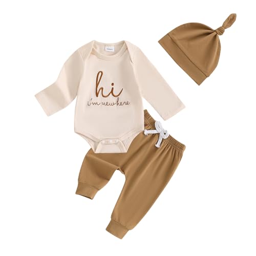 Image of Gobuuly Newborn Baby Boy Clothes Hi I'm New Here Coming Home Outfit Letter Print Romper Pant Fall Winter Baby Boy's Clothing