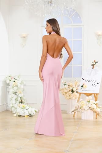 Women’s Halter Satin Bridesmaid Dress for Wedding 2025 Open Back Party Gown Long Maxi Formal Prom Dress4