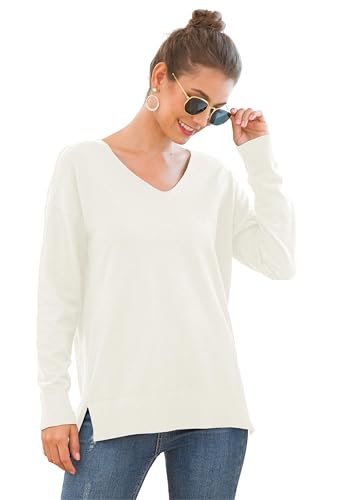 GRECERELLE Women's Knit Jumpers V Neck Sweatshirt Ladies Casual Classic Plain Pullover Long Sleeve Jumper Tops Blouse T-Shirt for Winter Fall Spring
