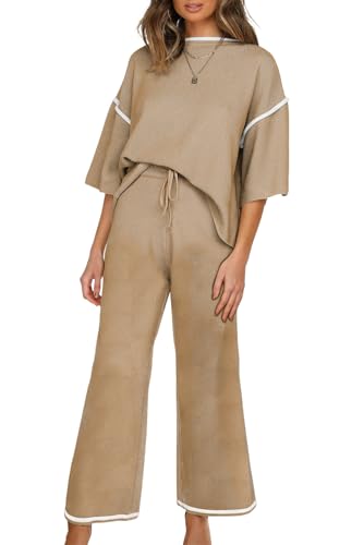 SHEWIN Womens Spring Fashion 2025 Casual 2 Two Piece Sets for Women Casual Crewneck Short Sleeve Sweater Tops and Wide Leg Pants Cozy Tracksuit Linen Set Khaki L
