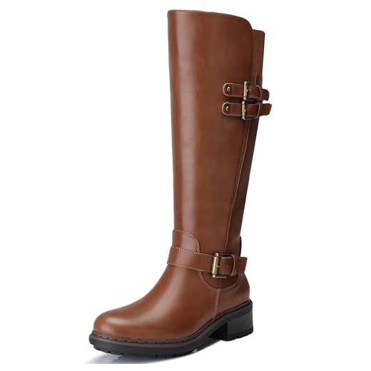 SHIBEVER Botas femininas de cano alto: salto bloco baixo bico redondo zíper lateral - Botas femininas de motociclista para motociclista outono de 2025, Marrom claro 35, 38