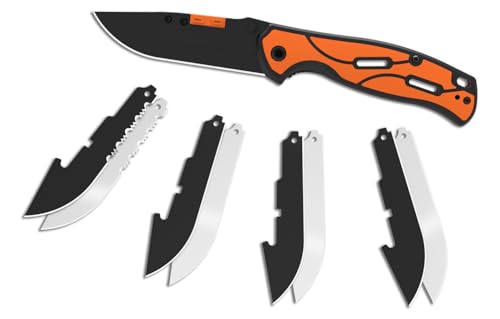 KNINE OUTDOORS Hunting Pocket Knife with Replaceable Blades and Clip, Skinning Knife, EDC Knife for Deer Hunting, with 9 Blades (Orange)