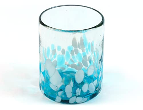 12 oz Hand Blown Mexican Drinking Glasses - Set of 6 tumblers, 11-13 fl oz each, Ocean Blue Confetti