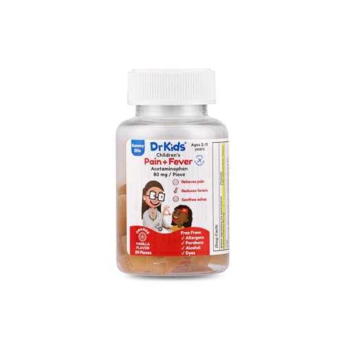 Dr. Kids Children’s Pain and Fever Gummy Bite - Chewable Acetaminophen for Kids Ages 2-11, Pre-Measured Soft Chews for Headache, Sore Throat, Cold and Flu, Orange Vanilla Flavor, 24 Count (Pack of 1)