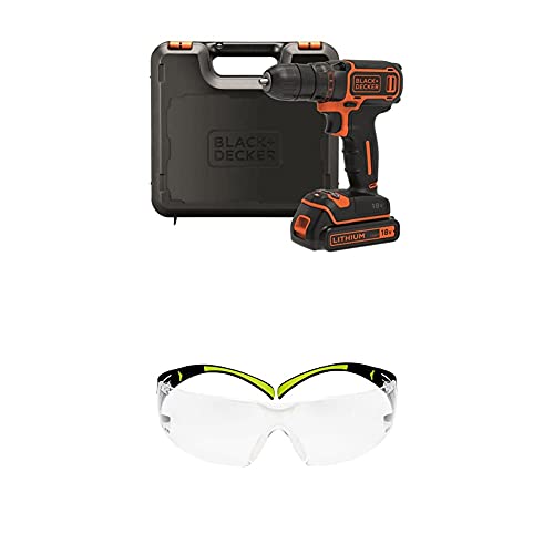 Black+Decker 18V Akku-Bohrschrauber BDCDC18K, mit LED-Arbeitsleuchte und Planetengetriebe, im Koffer, inkl. 3M™ SecureFit™ 400 Schutzbrille, transparent, SF400C