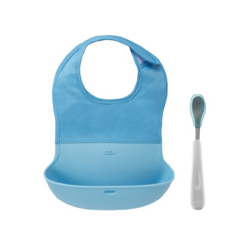Conjunto de Babador com Bolsa de Silicone e Colher com Ponta de Silicone Azul, Oxotot, Azu