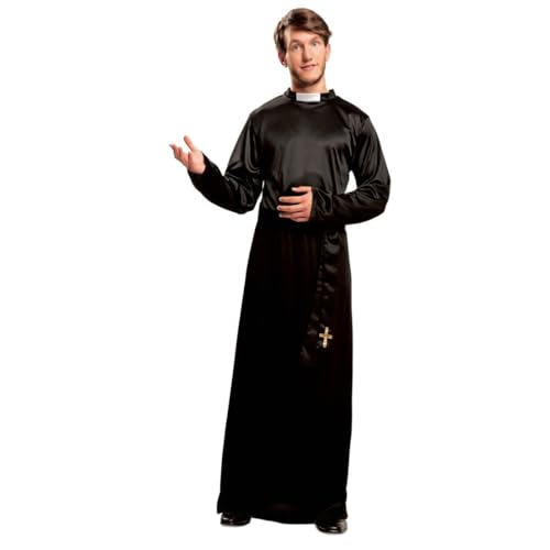 My Other Me - Disfraz Cura Hombre, talla M-L. Incluye túnica negra de mangas largas con detalle de cuello romano blanco y fajín negro con detalle de cruz dorada. ¡Ideal para eventos religiosos!