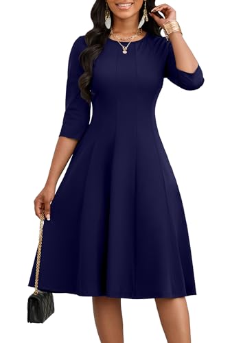 Image of CLOCOR Casual Midi Dresses for Women A-Line Fit and Flare Elegant Church 3 /4 Sleeve Crew Neck Dress with Pocket